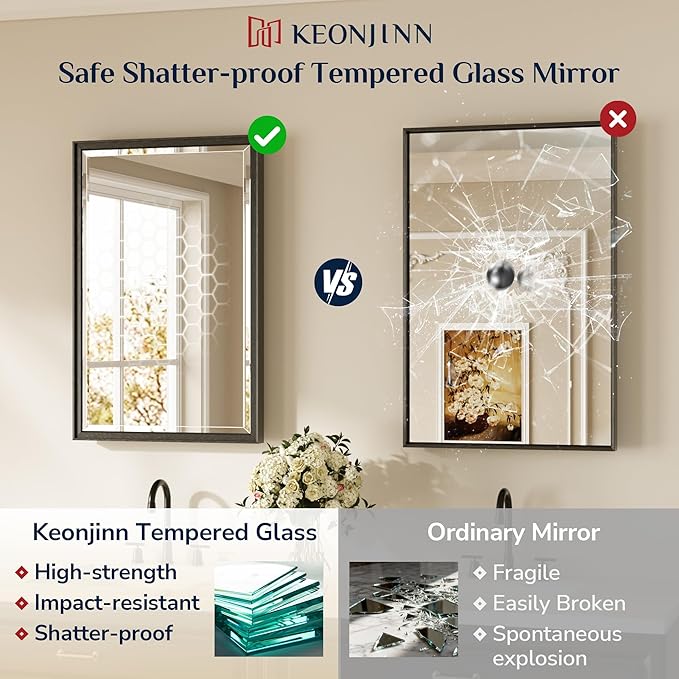 Keonjinn Black Framed Mirror 40" x 30", Black Bathroom Vanity Mirrors with Beveled Edge, Decorative Aluminum Alloy Frame, Shatterproof, Modern Farmhouse Bathroom Wall Mirror(Vertical/Horizontal)