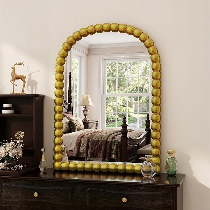 30"×38" Gold Arched Bathroom Vanity Mirror, Vintage Beaded Decorative Wall Mounted Makeup Mirror, as Wall Decor Hanging Leaning for Fireplace Mantle, Living Room, Bedroom, Vanity Area