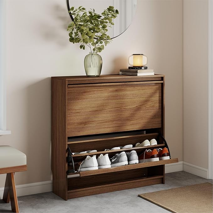 Shoe Cabinet with 2 Flip Drawers, Modern Narrow Shoe Storage Cabinet Organizer with Adjustable Shelf, Hidden Freestanding Shoe Rack for Entryway, Hallway, Living Room, Walnut
