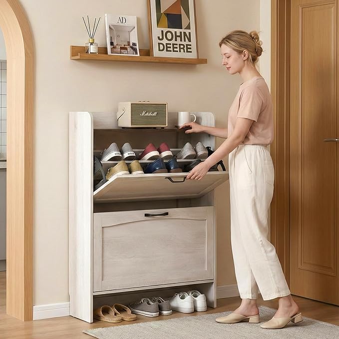 Shoe Storage Cabinet with 2 Flip Drawers and Adjustable Shelves, 31.5“W Farmhouse Hidden Shoe Storage, Narrow Shoe Cabinet Storage for Entryway, Hallway, Warm Grayish White