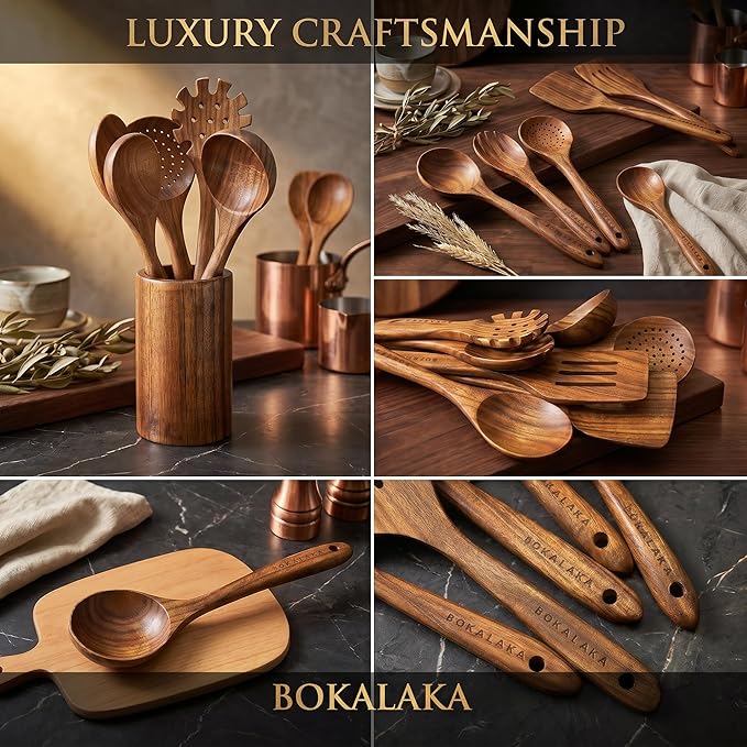 Wooden Spoons for Cooking,10 Pcs Natural Teak Wooden Kitchen Utensils Set Wooden Utensils for Cooking Wooden Cooking Utensils Wooden Spatulas for Cooking (10)