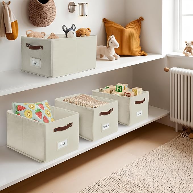 DECOMOMO Fabric Storage Bins 4 Pack, Storage Baskets for Shelves, 15 x 11 x 9.9 inches Foldable Baskets for Organizing with Labels, Kallax Insert (Beige)