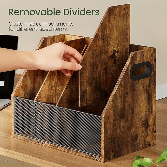 CHOEZON Wooden Desktop File Organizer with Removable Dividers, Mesh Front Panel for Paper, Mail, Magazine, Home Office Desk Storage, Easy Assembly, Rustic Brown MWJ06FG