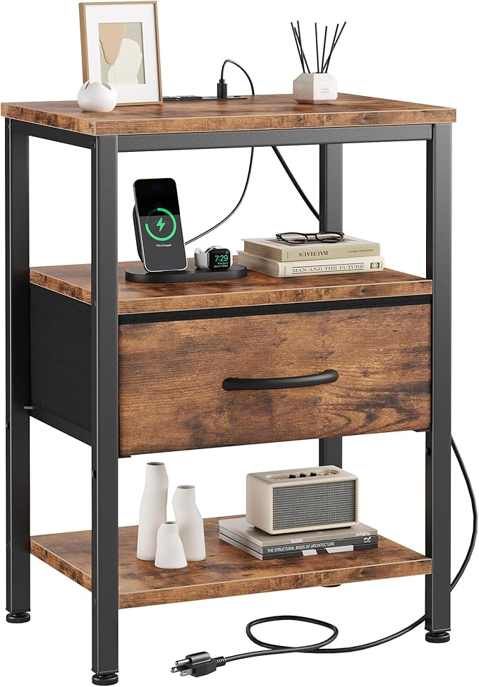 DUMOS Bedside Table with Charging Station and an Adjustable Fabric Drawer, and it is a Compact Nightstand, as Well as a 3-Tier Storage Organizer and an End Table for Bedroom, Brown