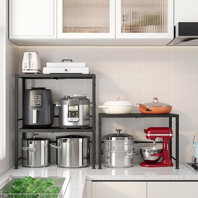 Expandable-Metal-Storage-Shelves-Organizer For Pantry Kitchen Garage, 2-Tier Heavy Duty Shelving Units and Storage For Small Appliance, Adjustable Standing Shelf Riser Rack For Closet Warehouse