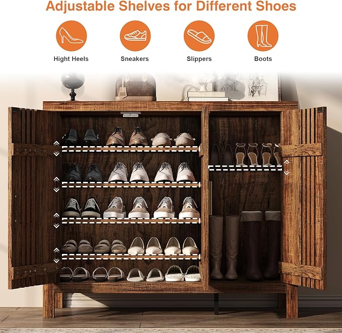 UNIQUITE Wooden Shoes Cabinet with 3 Doors and Adjustable Shelves, Retro Freestanding Shoe Organizer Cabinet for Entryway Hallway Living Room, 5-Tier Shoe Cabinet for 30 Pairs, Dark Walnut