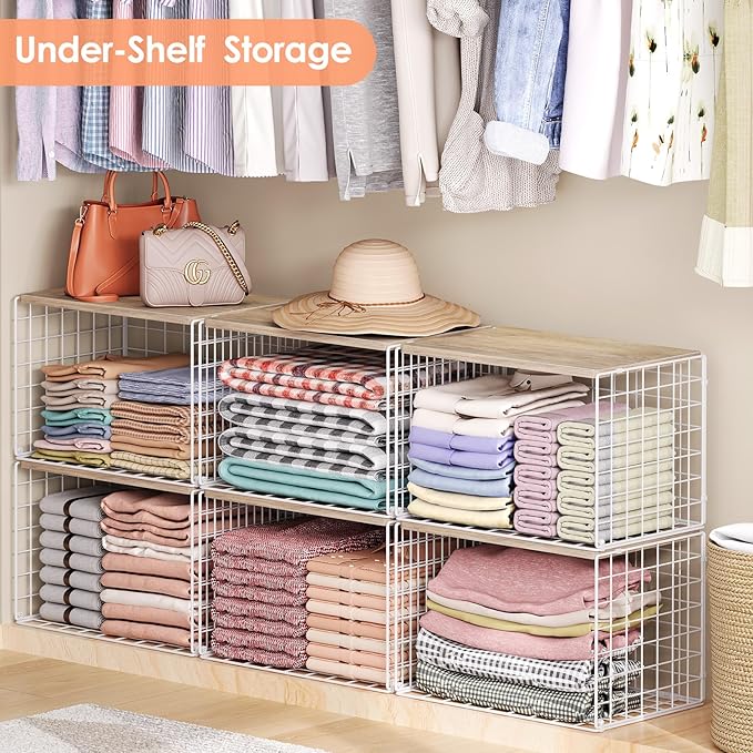 5 Pack Extra-Long Closet Organizers and Storage with Ajustable Shelf, Stackable Closet Shelf Organizer, Double Storage Design Clothes Storage Cube/Bin Organizer for Wardrobe, Space-Saving, White