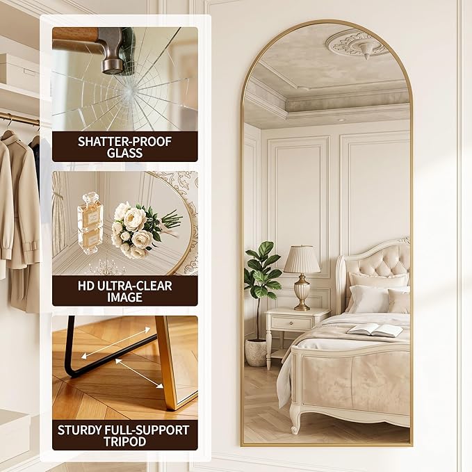 MISSDAY Large Arched Full Length Mirror, 71"x28" Oversized Full Body Mirror with Stand, Floor Mirror Long Free Standing, Leaning or Hanging, Frame Wall-Mounted Mirrors Wall Mirrors for Bedroom, Gold