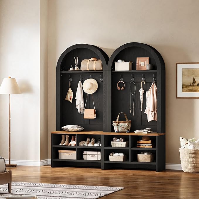 Tribesigns Arched Hall Tree with Bench and Shoe Storage, 70.87" H Tall Coat Rack with Shoe Bench, 4-in-1 Entryway Coat Rack with 4 Hooks & Storage Cubbies, for Mudroom, Hallway, Bedroom, Black＆ Brown
