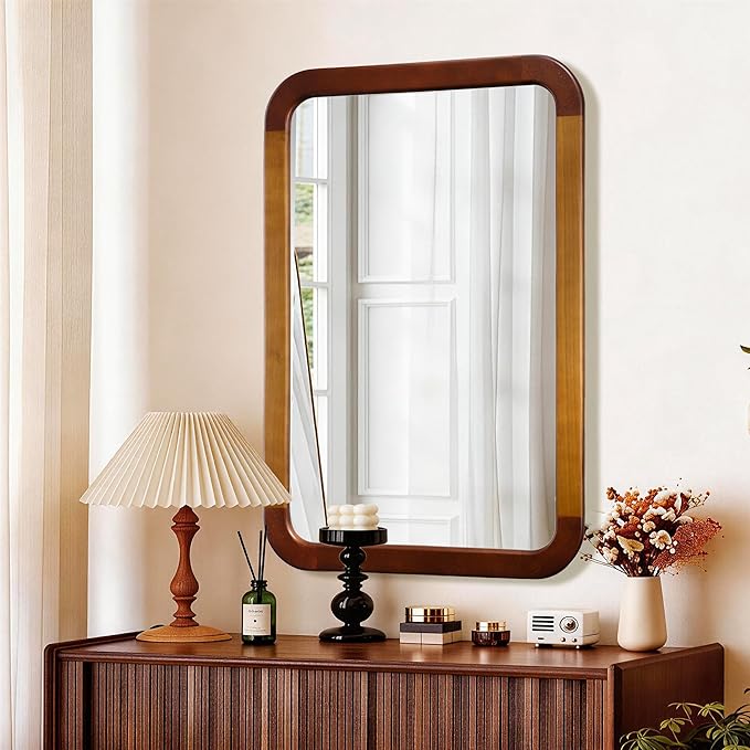 Bathroom Mirror 24 x 36 Inch,Brown Wood Rustic Rectangle Tempered Wall Mirror with Wood Frame,Round Corner Farmhouse Wooden Vanity Mirror for Living Room,Entryway or Bedroom（Walnut Brown）