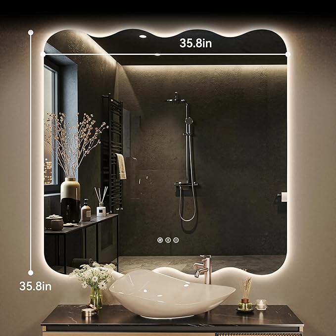 Hasipu Wavy Full Length Mirror with Lights - 36"×36" LED Wavy Floor Mirror, Frameless, Dimmable, Standing or Vertical/Horizontal Wall-Mounted Mirror for Bedroom, Living Room, Cloakroom