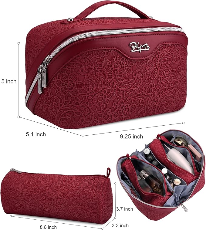 BOYATU Travel Makeup Bags Cosmetic Organizer Bag: 3 Pcs Set Large Capacity Make up Bag with Compartments - Waterproof Leather Toiletry Bags with Handle for Women (A-Red)