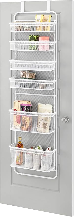 Whitmor Over The Door Organizer Storage, 6 Tier Hanging Door Organizer with Metal Frame & Mesh Baskets, Heavy Duty Behind Door Storage for Pantry, Bathroom, Closet, 17.7"W x 7.9"D x 67"H, White