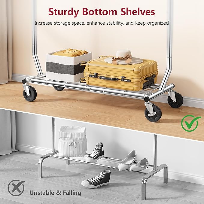 Tajsoon Clothes Rack Heavy Duty Load 350 LBS, 73.8' Extendable & Adjustable Collapsible Clothing Rack for Hanging Clothes, Rolling Garment Rack with Lockable Wheels for Bedroom, Plating Chrome