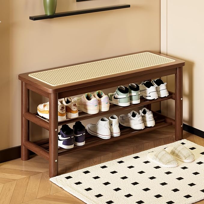 SOBIBO Bamboo Shoe Rack Bench with Rattan Seat, 3-Tier Shoe Storage Bench, Entryway Bench for Hallway, Walnut-31.5 inches