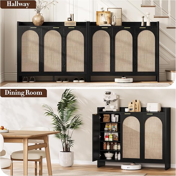 Shoe Cabinet Storage for Entryway - Rattan Accent Cabinet with 3 Doors & Adjustable Shelves, 6-Tier Large Wood Shoes Cabinets with Organizer Rack for Entry Way, Hallway, Living Room, Black