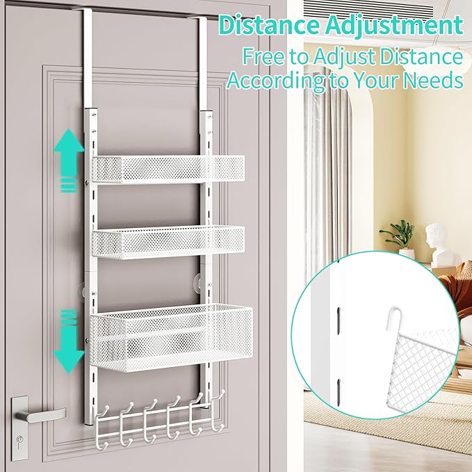 HapiRm Over The Door Hanger with Coat Hooks and 3 Baskets, Rustproof Over The Door Hooks, Storage Organizer for Hats, Towels - White