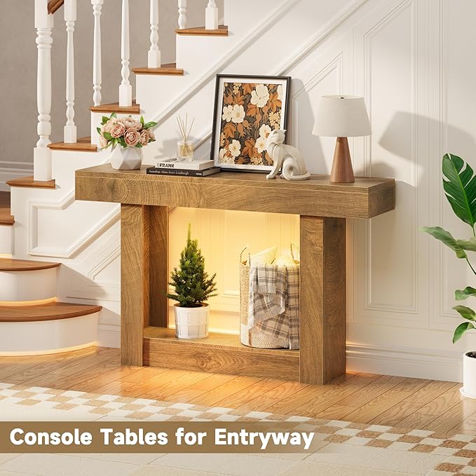 LIFECHOVY 47.2" Farmhouse Wood Entryway Table with Outlet, 2-Tier Console Table with Sensor Light Behind the Couch Sofa, Entrance Side Table for Hallway/Living Room/Foyer, Natural Oak