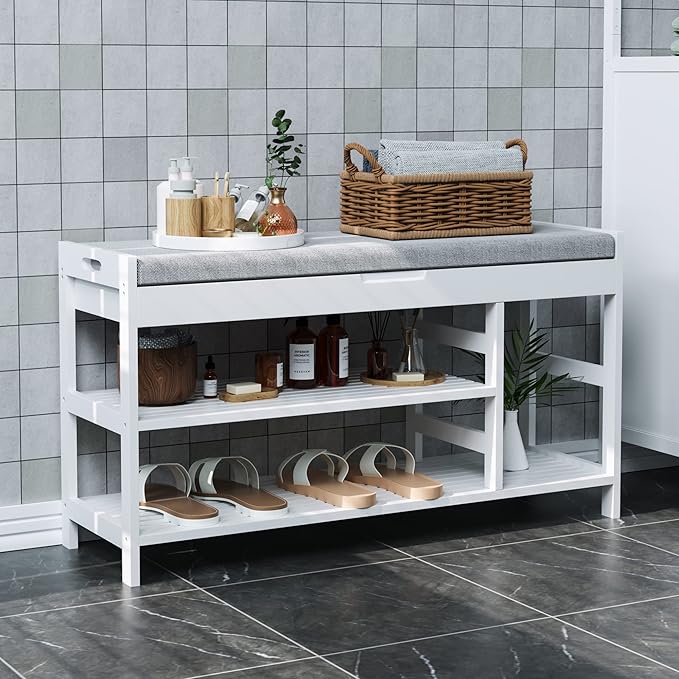 HIFIT 2-Tier Entryway Shoe Rack Bench with Storage, 36 in Bamboo Storage Bench with Padded Seat, Shoe Oiganizer Shelf for Entryway Mudroom Bathroom Hallway, White