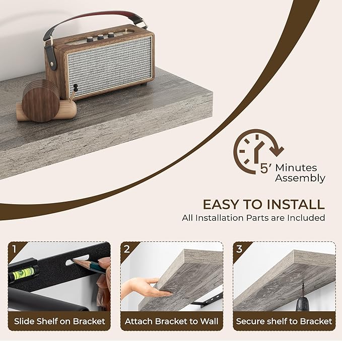 RICHFOCUS 20Inch Floating Shelves for Wall 2 Pack Shelves for Bedroom|Kitchen|Bathroom|Laundry Room Rustic Wood Wall Mounted Shelf with Invisible Brackets for Books|Storage|Decor, Grey