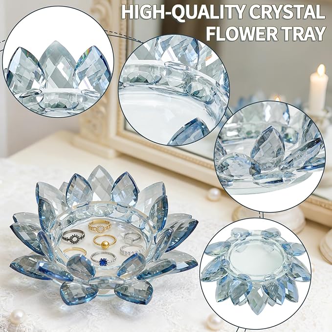 Crystal Flower Jewelry Tray, Transparent Decorative Trinket Dish for Rings, Earrings, Necklaces, Keys for Vanity Dresser Nightstand, Elegant Gift for Women Mother's Day (2, 6.3"(W) - Blue)