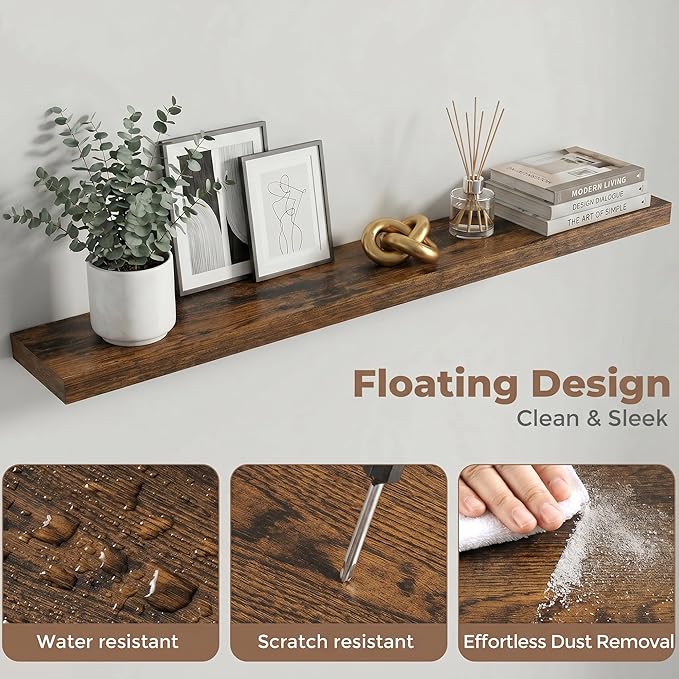 Venusmiles Floating Shelves for Wall, 48 Inch Floating Shelves Set of 1, 6.5" D Wooden Wall Mounted Display Shelves with Invisible Brackets for Living Room, Bedroom, Bathroom, Kitchen Decor, Brown