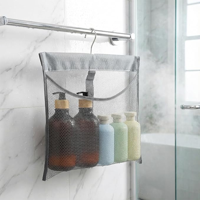 Mesh Shower Caddy Portable Shower Bag with Rotatable Hanger Quick Dry Hanging Toiletry Organizer Mesh Bath Toy Holder for Travel Gym Bathroom Dorm Essentials (Gray)