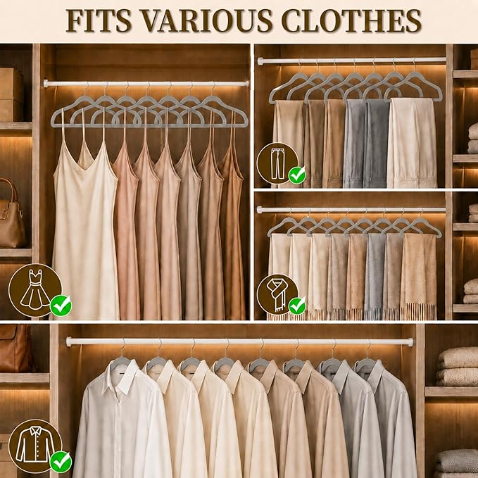 Velvet Hangers 50 Pack, Non Slip Clothes Hangers with Shoulder Notches, Slim Felt Hanger with 360° Swivel Hook, Space-Saving, for Coat, Shirt, Pants, Dress, Suits, Gray