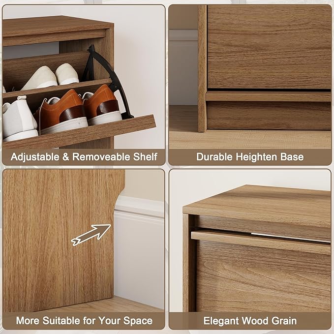 Shoe Cabinet with 4 Flip Drawers, Modern Narrow Shoe Storage Cabinet Organizer with Adjustable Shelf, Hidden Freestanding Shoe Rack for Entryway, Hallway, Living Room, Walnut