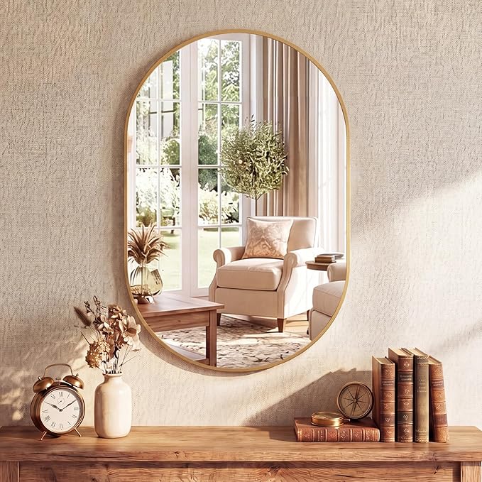 Sweetcrispy 24" x 36" Gold Bathroom Mirror for Wall, Oval Wall Mirror with Metal Frame, Tempered Glass, Modern Vanity Mirror for Over Sink, Living Room, Bedroom, Entryway, Horizontal or Vertical