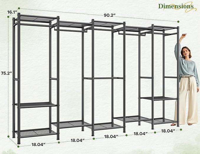 Raybee Clothes Rack, Clothing Racks for Hanging Clothes, Extra Large Metal clothing rack, Freestanding Wardrobe Closet, Garment Rack with Shelves, Portable Closet for Bedroom, Black