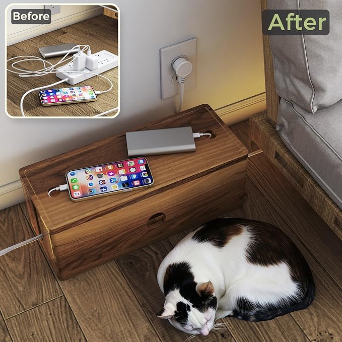 Acacia Wooden Large Floor Cord Cover Box for Power Strips, Low Profile Cable Concealer for Floor Wires and Extension Cords, Cord Protector and Wire Hider for TV, Router, Home Office and Living Room