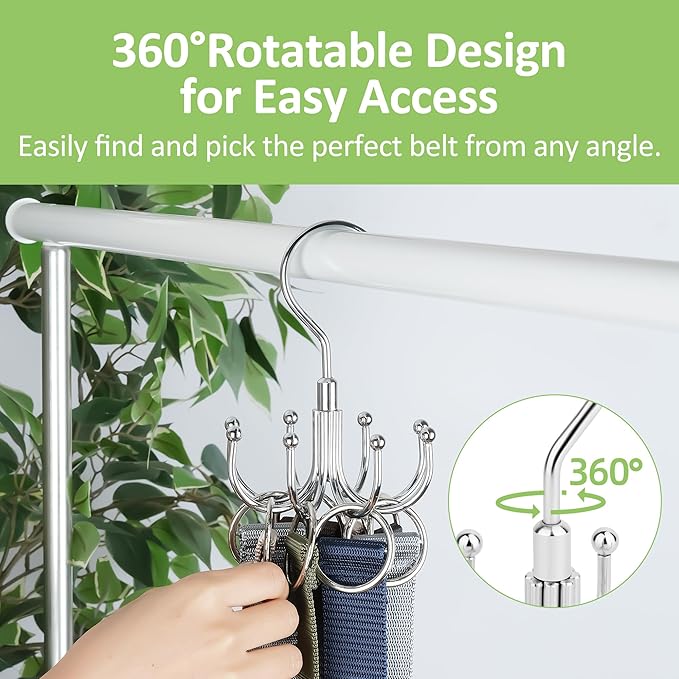 Belt Hanger, Rotatable Belt Organizer Rack for Closet Sturdy Max 24 Belts Storage with 8 Hooks, Hanging Space Saving Closet Organizers for Belts Holder, Silver