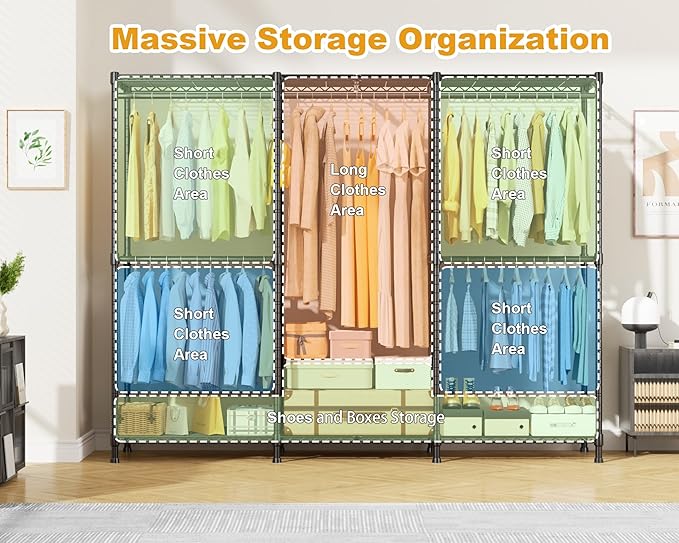 ULIFHOME E14C Pro Heavy Duty Closet Organizer System，Freestanding Clothing Racks for Hanging Clothes，Adjustable Garment Rack 69" W × 16" D × 77" H Hold 960 lbs，Black Rack with Grey Dustproof Cover