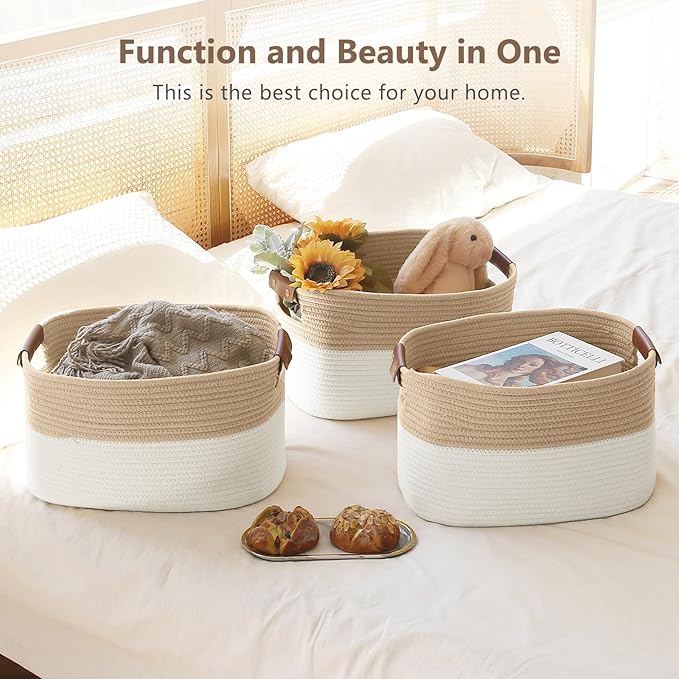 ECDYQXVU Cotton Rope Basket, Storage Baskets with Handle, 15x10x9 Inch Woven Basket for Shelves, Laundry, Towels, Clothes, Books (White/Beige 1Pack)