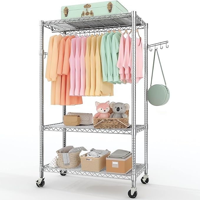IDEALHOUSE Homdox Heavy Duty Rolling Clothing Rack, Adjustable Garment Rack with 3-Tier Storage Shelves, Freestanding Closet Organizer for Hanging Clothes, Metal Wardrobe Rack with Side Hooks, Silver