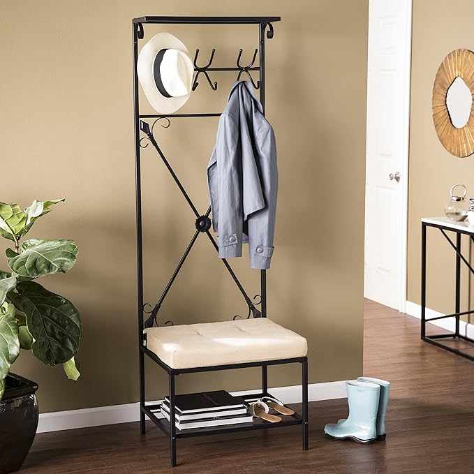 SEI Furniture - Dovanti Entryway Storage Rack & Bench Seat - Transitional Design, Black Metal - Ideal for Entryway, Mudroom (HP3191)