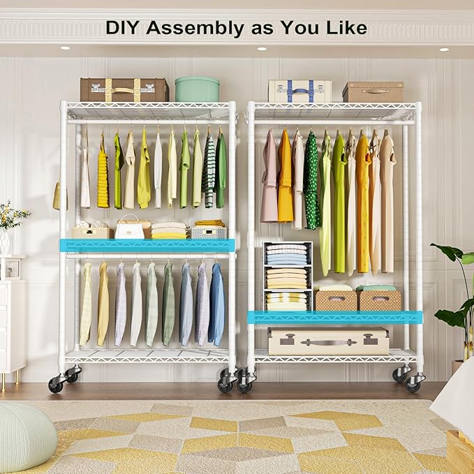 FUTASSI P3 Rolling Clothes Rack, Clothing Racks for Hanging Clothes, Heavy Duty Garment Rack with Wheels, Freestanding Portable Closet Racks 39.4'' W x 14'' D x 78.5'' H, Max Load 470 LBS, White