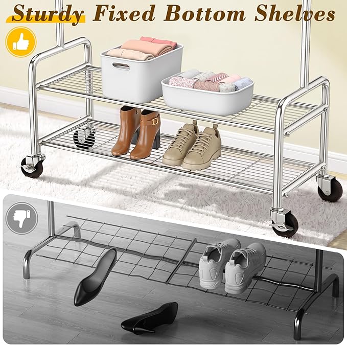 Heavy Duty Clothes Rack with Integrated Shelves Loads 760 LBS, Rolling Clothing Rack for Hanging Clothes, Stainless Steel Garment Rack with Sturdy Wheels Hooks, Portable & Adjustable Coat Rack