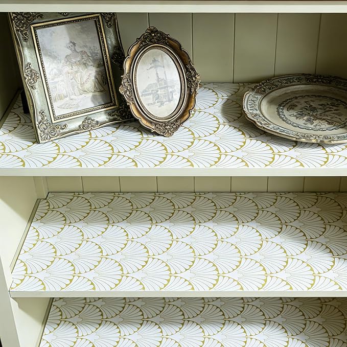 Shelf Liners Non Adhesive Gold Background White Fan-Shaped Pattern - Thickened Non-Slip Easy to Clean Drawer Liner for Kitchen Cabinets, Tool Box,Refrigerator,with Knife & Tape Measure,12in x 20FT.