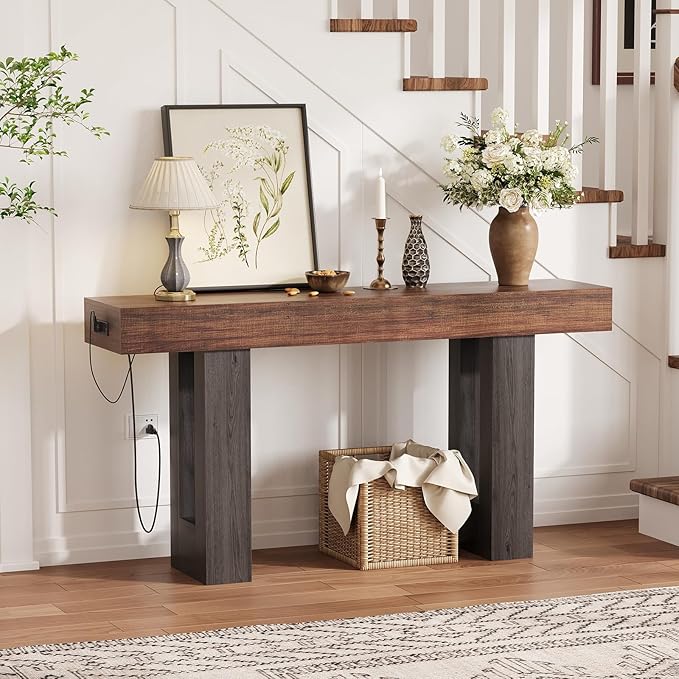 IDEALHOUSE 63" Entryway Table, Wood Console Table with Charging Station, Extra Long Sofa Table, Narrow Hallway Foyer Table for Entryway, Hallway, Living Room, Rustic Brown & Black