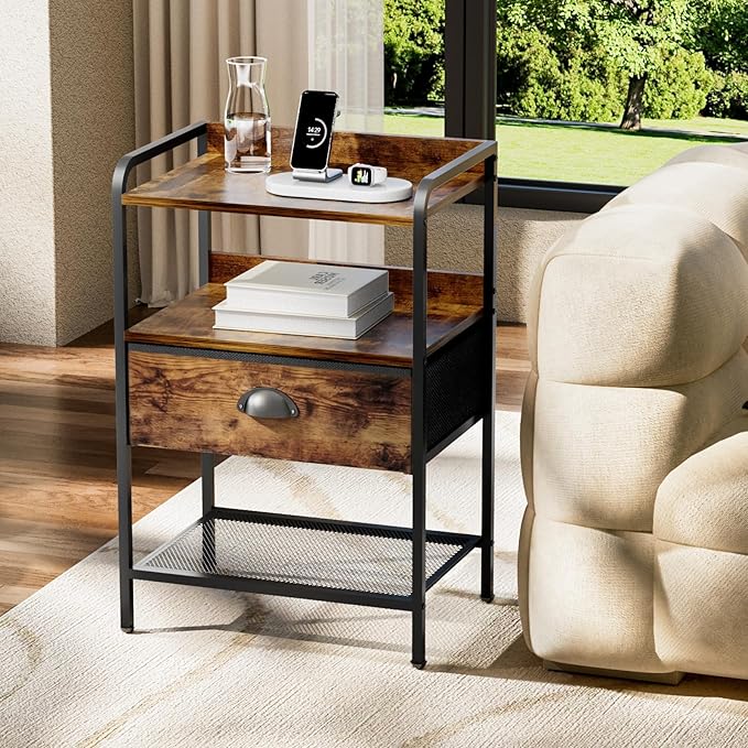 Nightstands Set of 2, Bedside Table with 1 Fabric Drawer, Open Mesh Shelf, End Table Side Table with Storage Drawer Dresser, Wear-Resistant Metal Frame, Bedroom, Rustic Brown