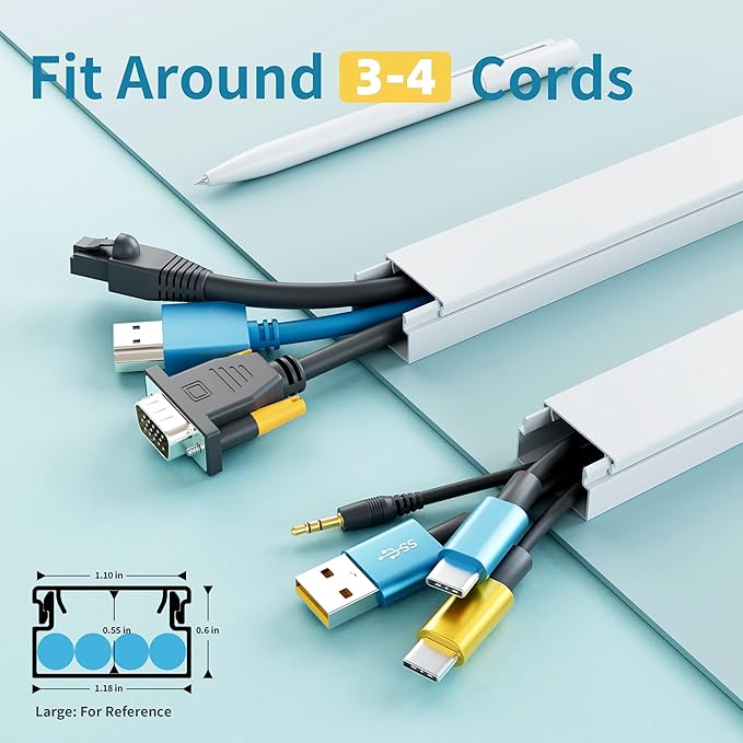 Delamu Cord Hider, 100in Self-Adhesive Cord Cover Kit for Wall Mounted TV, Paintable Wire Hider, Flexible Cable Management System, Cable Raceway Conceals 3-4 Wires, W1.18 H0.60in, White