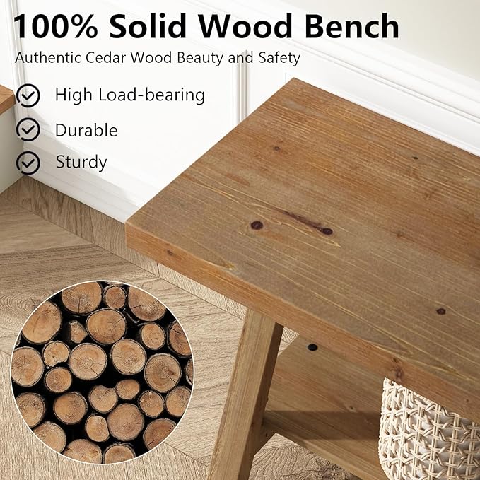 RowyPoey Solid Wood Bench, 39" Farmhouse Entryway Bench with Storage Shelf, Triangular Leg Design, Narrow Rustic Benches for Hallway, Bedroom, Dining, Kitchen, Easy Assembly