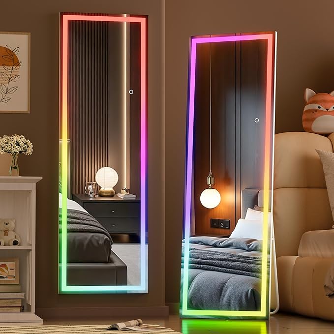 Hasipu 56"x15.7" LED RGB Full Length Mirror with Lights, Full Body Mirror with Stand, Wall Mount & Free Standing Floor Mirror for Bedroom Living Room Cloakroom, 7 Color & Brightness Adjustable