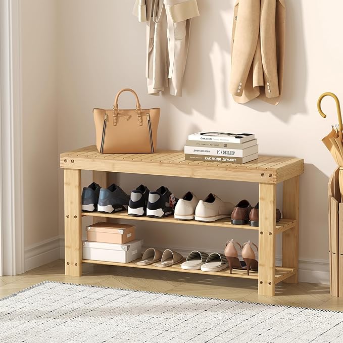 NEWBULIG Shoe Rack Bench, 3-Tier Bamboo Shoe Organizer, Wooden Entryway Storage Bench, 286 lb Load Capacity, 11.2x35.5x17.9 Inches, for Entryway Bathroom Bedroom Balcony, Wood