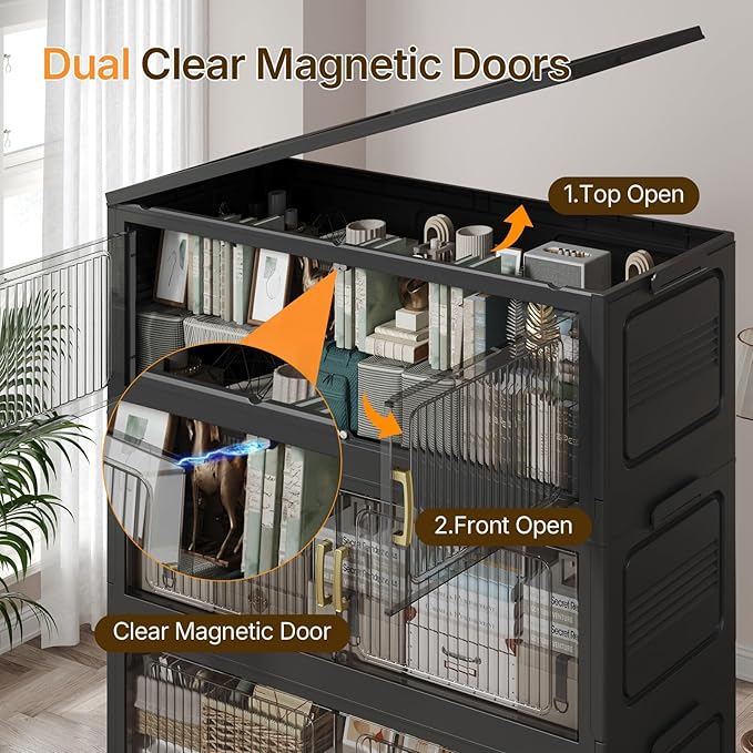 Extra Large Stackable Storage Bins with Lid, 210Gal/840QT Foldable Collapsible Storage Box with Doors, Wheels and Drawers, Plastic Closet Organizer Container for Kitchen, Bedroom, Dorm, 3Pack