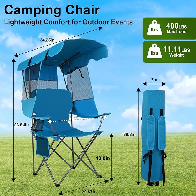 Romswi Large Folding Canopy Camping Chairs for Adult 2 Pack, Portable Outdoor Chairs with Sunshade,Cup Holder & Side Pocket for Camping, Fishing, Beach, Backyard, Sea Blue