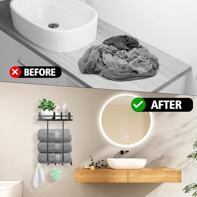 Bathroom Towel Storage Rack, Wall Mounted Towel Rack with Shelf and 5 Hooks, Can Holds 3 Large Towels Stainless Steel Bathroom Towel Holder for Rolled Towels, Bath Towels.(Black)