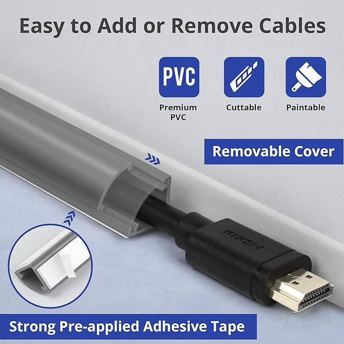 85in Corner Cable Concealer, One-Cord Corner Duct, Paintable Corner Cord Cover, Cable Management Channel for Wall Corner, Floor Baseboard, Ceiling, Grey